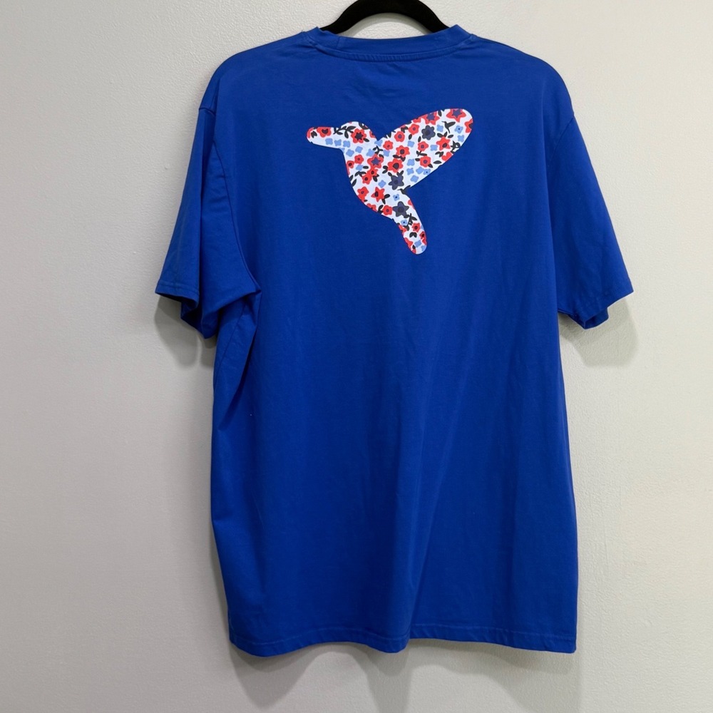 Birddogs Mens XL Royal Blue Graphic T-Shirt Floral Bird Back Print Short Sleeve